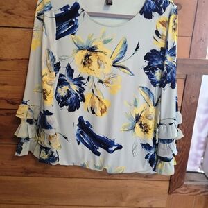 Alfani Floral Ruffle Sleeve Blouse - Blue and Yellow